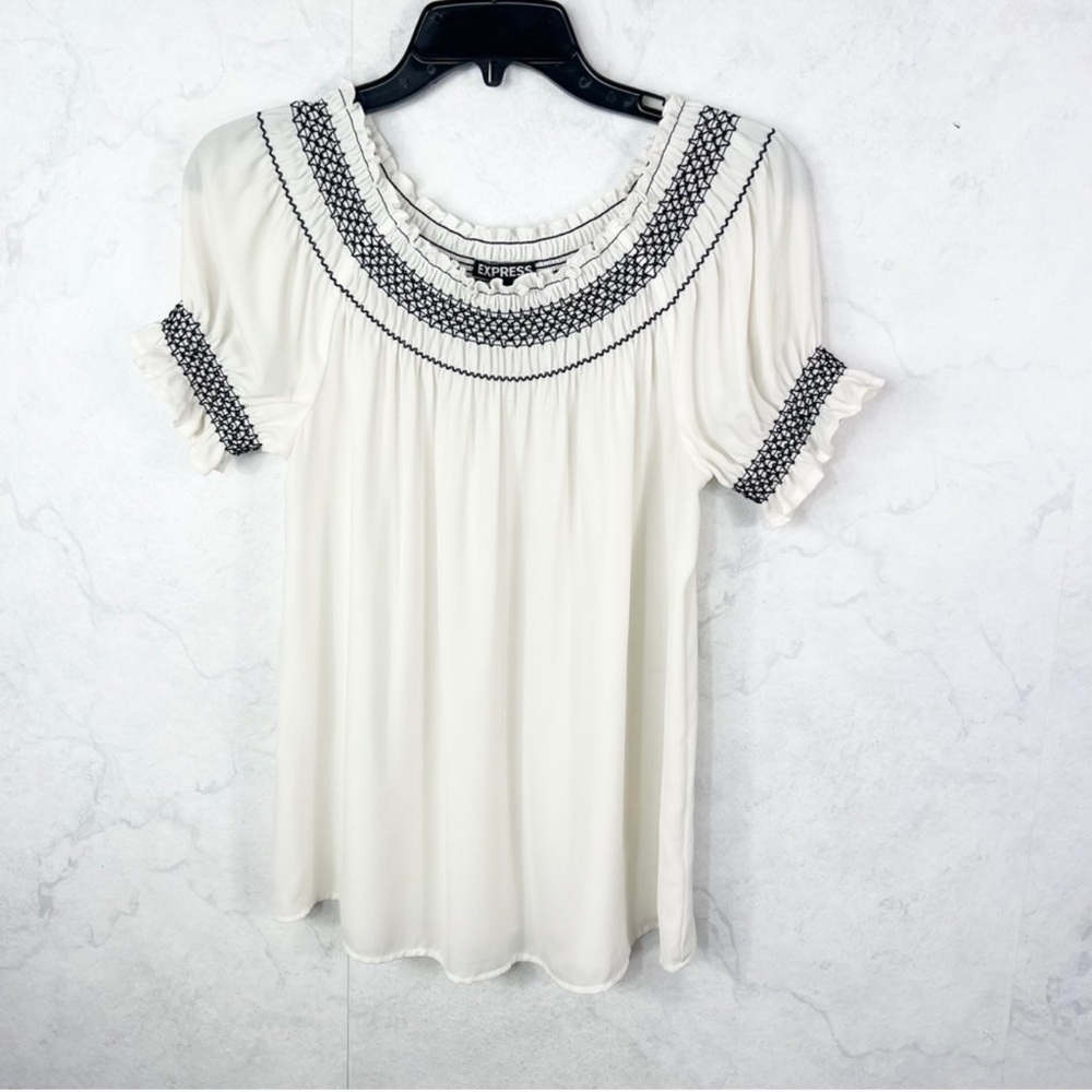 Express Ivory and Charcoal Embroidered Blouse